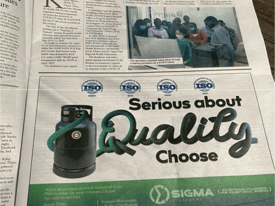 Fière d'annoncer la campagne de relance de Sigma Cylinders au Ghana - "Serious Quality", "Serious Safety".